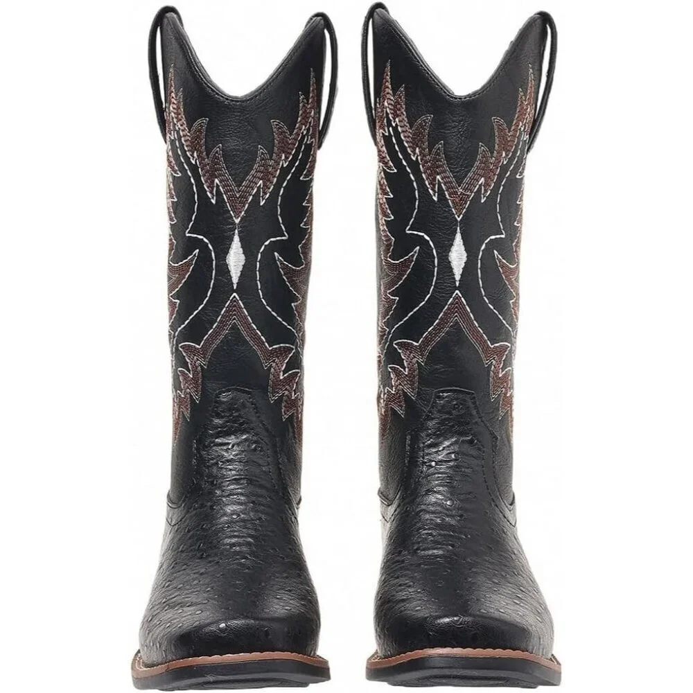 Women Black Western Cowboy Boots for Mid Calf Cowgirl Boot Snip Toe Chunky Heel